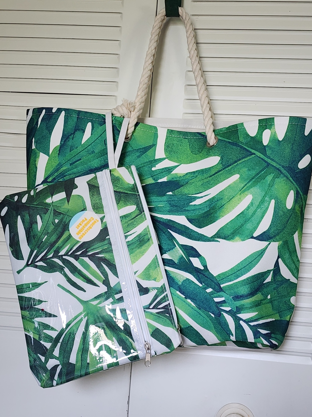 Tropical Leaf Print Canvas Beach Tote Bag with Waterproof Attached Pouch - Green